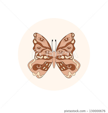 Groovy retro butterfly as funky sticker with eye detail. Psychedelic seal as brown circle for lid, with y2k and vintage style. Graphic groovy element creates cool modern accent. Groovy retro butterfly as funky sticker with eye detail. Psychedelic seal as brown circle for lid, with y2k and vintage style. Graphic groovy element creates cool modern accent. 130000676