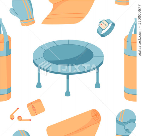 Seamless colorful flat fitness pattern with gym equipment and training tools. Features trampoline, exercise accessories, and workout items. Perfect for sport wallpaper, fabric decoration, or healthy 130000677
