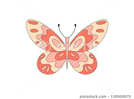 Groovy pink butterfly in flat retro style sticker. Cute and funky sticker with colorful and psychedelic details, y2k inspired groovy element in trendy look. Funky patch for cool design accents. Groovy pink butterfly in flat retro style sticker. Cute and funky sticker with colorful and psychedelic details, y2k inspired groovy element in trendy look. Funky patch for cool design accents. 130000678