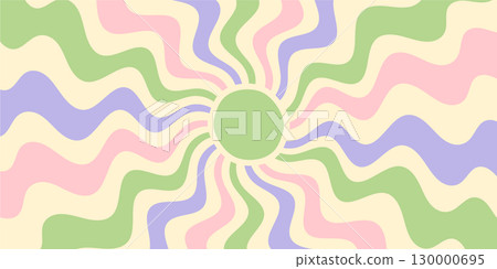 Groovy retro pastel burst background with abstract flat sun and wavy sunshine. Y2k graphic in horizontal format, vintage decorative style for contemporary design uses. Groovy retro pastel burst background with abstract flat sun and wavy sunshine. Y2k graphic in horizontal format, vintage decorative style for contemporary design uses. 130000695