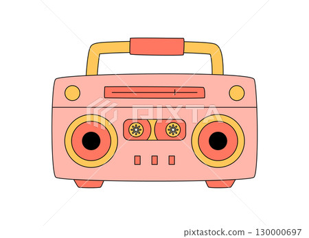 Groovy y2k pink cartoon boombox player in retro style. Classic cassette and tape with stereo audio character, bright color groove and funky element. Playful music decor for trendy vintage themes. Groovy y2k pink cartoon boombox player in retro style. Classic cassette and tape with stereo audio character, bright color groove and funky element. Playful music decor for trendy vintage themes. 130000697