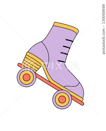 Retro purple roller skate cartoon in groovy style. Groovy element for disco and party music or dance themes, y2k influence with a cool and fun vibe, colorful playful graphic for trendy culture. Retro purple roller skate cartoon in groovy style. Groovy element for disco and party music or dance themes, y2k influence with a cool and fun vibe, colorful playful graphic for trendy culture. 130000699