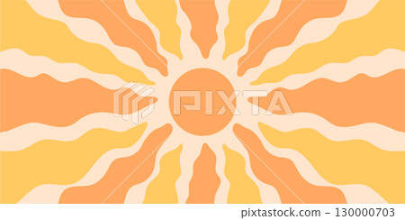 Retro groovy sun burst graphic with wavy orange and yellow rays. sun with bright sunshine and bold burst. Horizontal background for stylish modern y2k decor or poster. Retro groovy sun burst graphic with wavy orange and yellow rays. sun with bright sunshine and bold burst. Horizontal background for stylish modern y2k decor or poster. 130000703