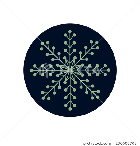 Circle sticker with snow flake line symbol in green on a navy background. Christmas and xmas icon for winter holiday decoration as package lid. Snowflake style adds festive theme. Circle sticker with snow flake line symbol in green on a navy background. Christmas and xmas icon for winter holiday decoration as package lid. Snowflake style adds festive theme. 130000705