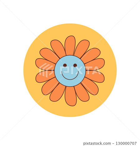 Retro groovy daisy sticker with a smiley face and happy yellow flower in a circle label. Cute y2k lid and seal idea brings bright package accent for playful product branding. Retro groovy daisy sticker with a smiley face and happy yellow flower in a circle label. Cute y2k lid and seal idea brings bright package accent for playful product branding. 130000707