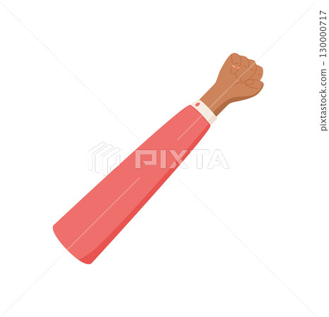 Cartoon style hand gesture with upraised palm and five fingers. Number five signal in a flat design. Human hand with brown skin and pink sleeve. Isolated element for education or professional use. 130000717
