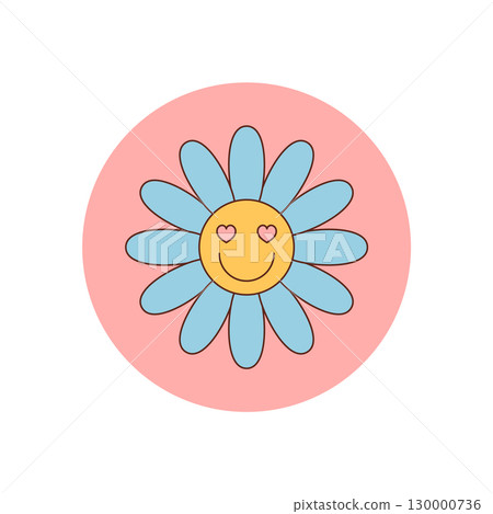 Groovy retro flower with a happy smile face in a round pink and yellow circle sticker. Heart eyes as pop symbol add y2k sticker charm. Package lid seal in vintage style, playful and positive Groovy retro flower with a happy smile face in a round pink and yellow circle sticker. Heart eyes as pop symbol add y2k sticker charm. Package lid seal in vintage style, playful and positive 130000736