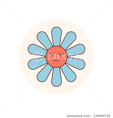 Groovy retro flower face sticker emblem with round blue circle and cute y2k style. This playful package lid graphic adds a stylish accent to product or branding. 130000738