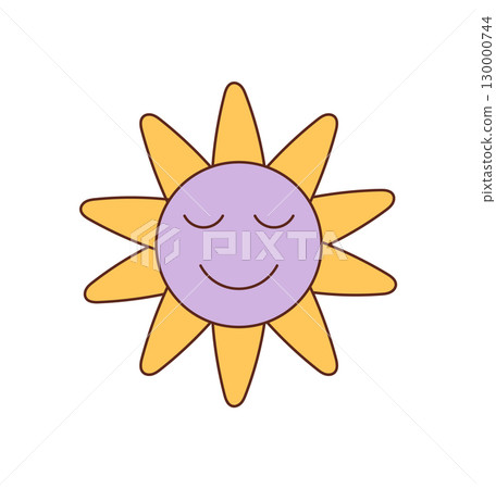 Groovy retro flower sun with cartoon face and happy smile. Cute yellow element with y2k style for fun, positive mood. Playful and artistic groovy element ideal for graphic creative projects. Groovy retro flower sun with cartoon face and happy smile. Cute yellow element with y2k style for fun, positive mood. Playful and artistic groovy element ideal for graphic creative projects. 130000744