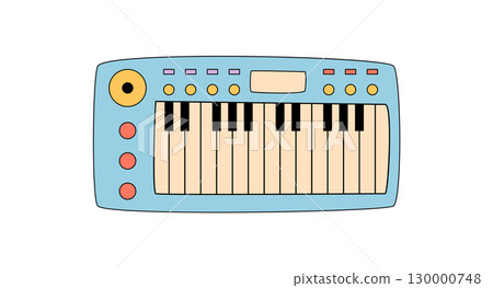 Groovy y2k synthesizer sticker in flat style and colorful retro palette. Electronic music instrument with funky audio sound, ideal for creative music projects and cool pop culture branding. 130000748