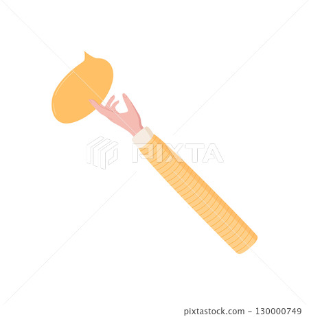 Colorful cartoon hand with chat bubble. Simple symbol of communication, gesture, and message exchange. Abstract metaphor for social connection in modern flat style. Colorful cartoon hand with chat bubble. Simple symbol of communication, gesture, and message exchange. Abstract metaphor for social connection in modern flat style. 130000749