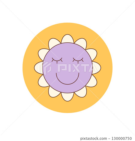 Groovy retro daisy sticker seal label forms a happy flower with a flat smile inside yellow circle. Fun y2k style accent for any box, package lid or product label in playful format. 130000750