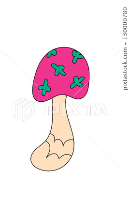 Groovy psychedelic mushroom in a funky cartoon graphic style sticker. Pop shroom with vibrant pink and green colors, retro retro magic vibe, creative groovy element as a colorful sticker for fun and 130000780