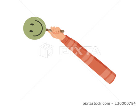 Cartoon style hand holding a feedback circle. Hand gesture presenting satisfaction and opinion with a positive review symbol. Isolated element ideal for rating, business, or customer concepts. 130000784