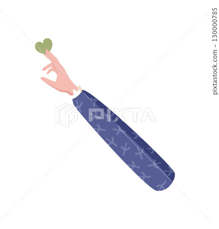 Flat colorful hand with heart symbol. Human gesture for love and give support. Charity concept with palm and heart shape, aid care message. Abstract creative art style for templates banners. 130000785