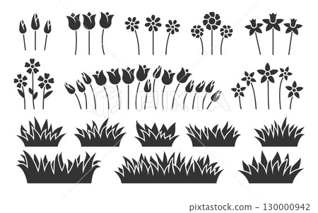 Spring blooming separate flowers and grass black silhouette set front view. Tulip daffodil daisy chamomile buds with stems flat contour minimal illustration. Decorative plant for DIY stamp stencil 130000942