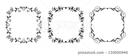 Square ornamental border set. Frame with abstract plant pattern, curved branches stylized leaves, berries. Hand drawn natural floral motif. Vintage template for laser cut engraving, etching, vignette Square ornamental border set. Frame with abstract plant pattern, curved branches stylized leaves, berries. Hand drawn natural floral motif. Vintage template for laser cut engraving, etching, vignette 130000946