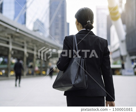 Back view of a businesswoman walking through an office district 130001081