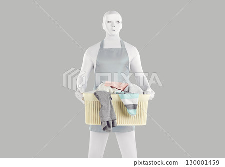 Man disguised in white bodysuit, mask and apron holding laundry basket with clothes 130001459