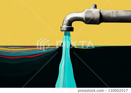 彩色水在黑色背景上流淌的水龍頭插圖。現代高解析度對稱設計。 130002017