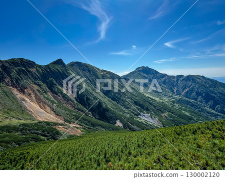 從大雪山連峰雄偉的夏季山脈上富良野山眺望富良野山和禦嶽山 從大雪山連峰雄偉的夏季山脈上富良野山眺望富良野山和禦嶽山 130002120