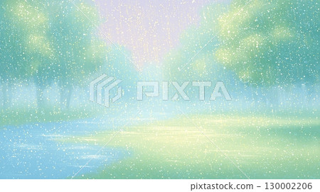 小雨中鬱鬱蔥蔥的綠色公園和河畔 130002206