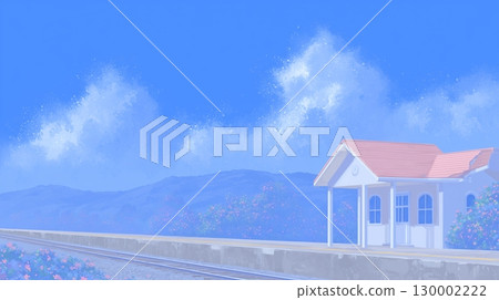 藍天白雲、花朵盛開的鄉村小站 130002222