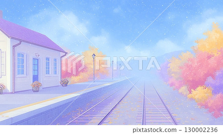 秋葉環繞的鄉村車站和月台風景 130002236