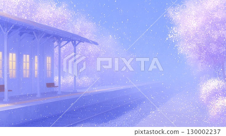 春天櫻花飄落的鄉村車站和月台 130002237