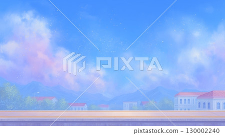 A small rural station and mountain scenery under the blue sky 130002240