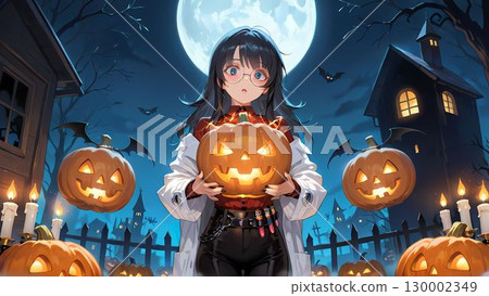 Halloween illustration of a woman dressed as a mad scientist 130002349