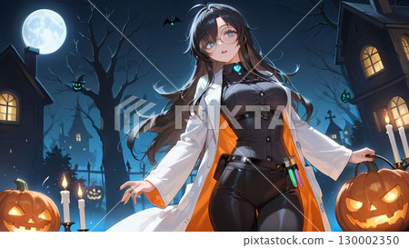 Halloween illustration of a woman dressed as a mad scientist 130002350
