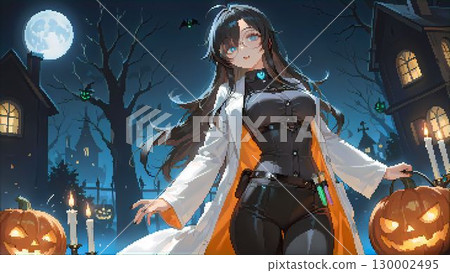 Pixel art of a Halloween cityscape and a woman in a mad scientist costume 130002495