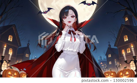 Illustration of a woman dressed as Dracula for Halloween 130002596