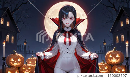 Illustration of a woman dressed as Dracula for Halloween 130002597