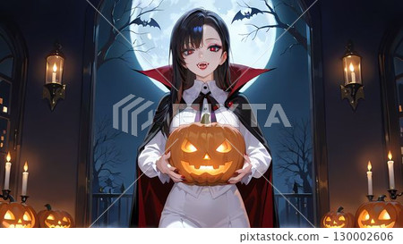 Illustration of a woman dressed as Dracula for Halloween 130002606