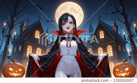 Illustration of a woman dressed as Dracula for Halloween 130002607