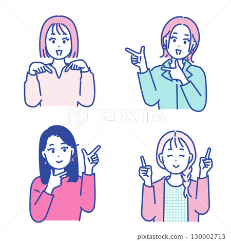 指向各個方向的年輕女子的插圖素材 130002713