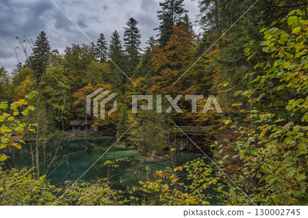 Blausee Switzerland, nature landscape at blue lake in autumn season 130002745