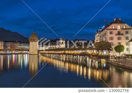 Lucerne (Luzern) Switzerland night city skyline at Chapel Bridge 130002756