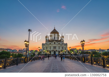 Moscow Russia, sunset city skyline at Cathedral of Christ the Saviour and bridge over Moscow River 130002758