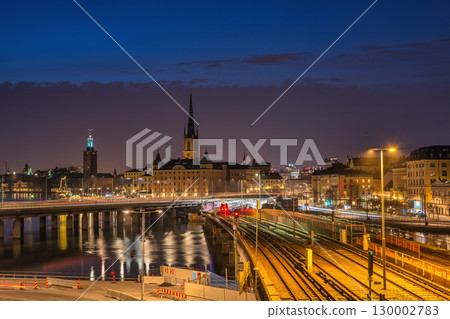 Stockholm Sweden, night city skyline at Gamla Stan and Slussen 130002783