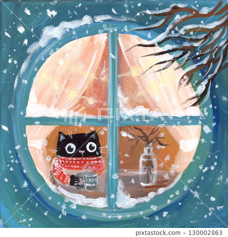 An example of a picturesque cute illustration with water in the window with a cat drinking coffee painted  130002863