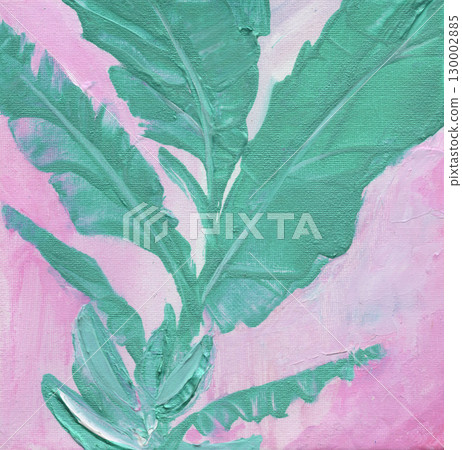 Picturesque illustration with mother-of-pearl acrylic on canvas. Botanical illustration banana palm leaves 130002885