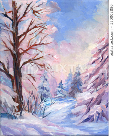 Picturesque illustration of a winter landscape in pink and blue shades, snow-covered trees and a path 130002886
