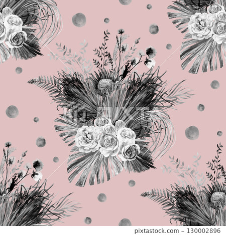 Watercolor vintage black and white seamless pattern with a herbarium of white rose flowers and tropical palm leaves 130002896