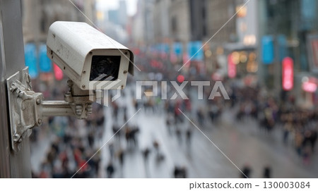 Overhead white security camera observing a bustling urban street. Blurred crowds move along the wet outdoor public space. Electronic eye monitors daily city activity and safety. 130003084