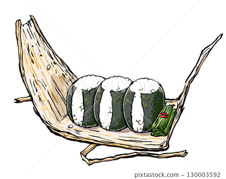 Three round nori rice balls unwrapped in bamboo skin, served with pickled greens. Brush-drawn and matte finish. 130003592