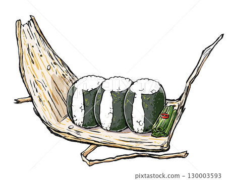 Three round nori musubi wrapped in bamboo leaves and served with pickled greens, woodblock print style 130003593