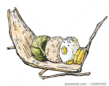 Autumn rice balls with pickled vegetables, brown rice, and chestnut rice wrapped in bamboo skin, served with pickled radish. Brush-drawn and matte finish. 130003595